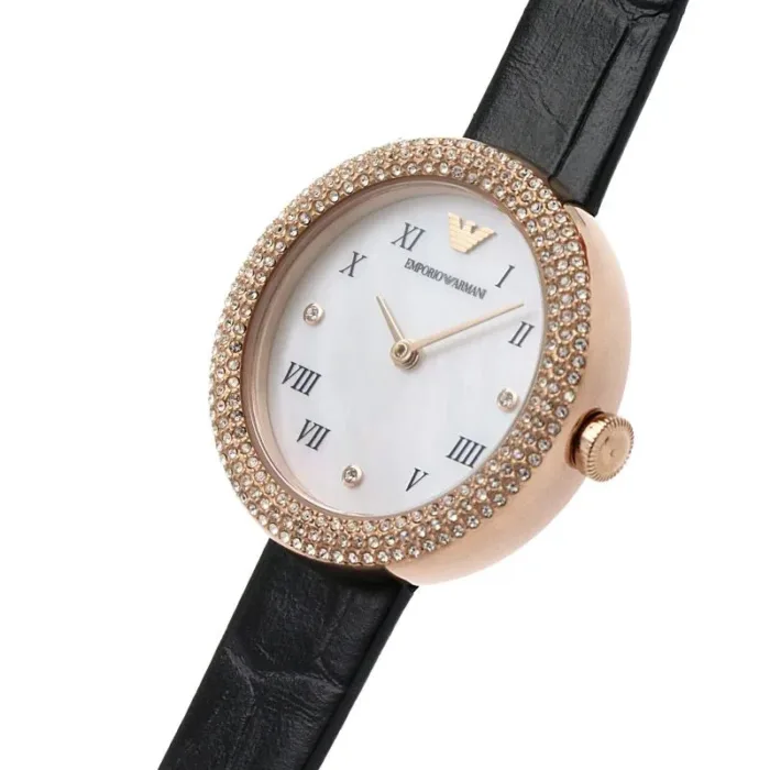 Emporio Armani Rosa Quartz Mother Of Pearl White Dial Black Leather Strap Watch For Women - AR11356 - Image 8